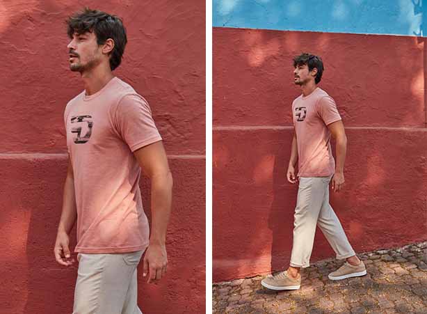 Calças masculinas em tons de bege com modelagem slim e camiseta