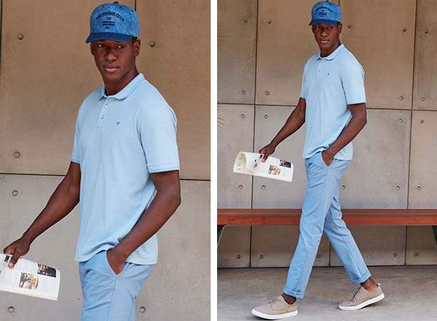 Camisa polo e calça chino em tons de azul com boné