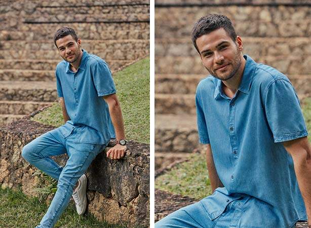 Look masculino com camisa de manga curta em jeans e calça