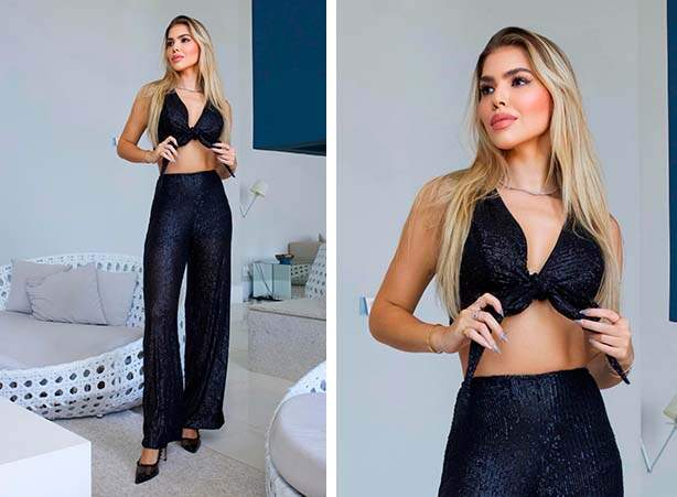 Look com conjunto de paetê