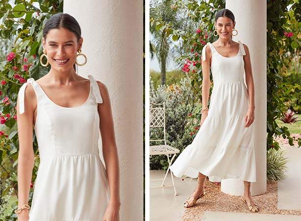 Vestido midi feminino na cor branca com detalhes de babados e amarração nas alças