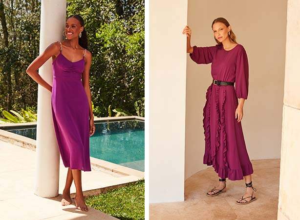 Look feminino com vestido midi em tons de roxo