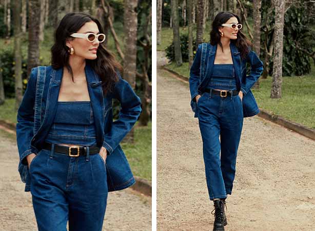 All jeans com blazer e calça de alfaiataria