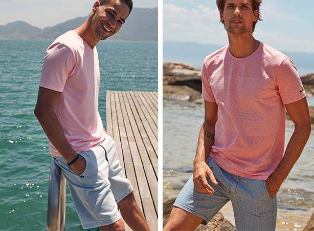 Look masculino de praia com camiseta rosa