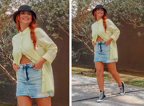 Camisa neon com saia jeans curta