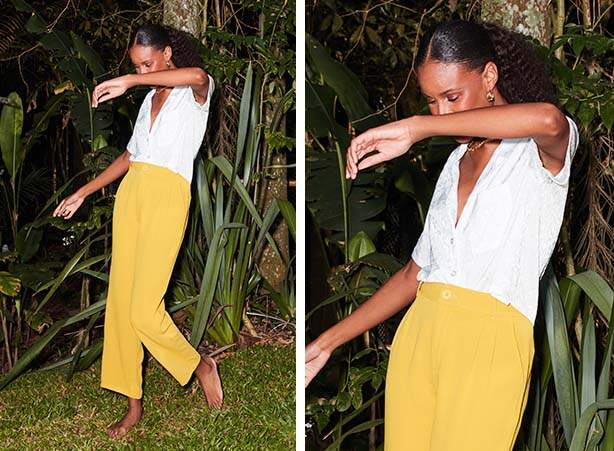 Look feminino com calça amarela e blusa branca