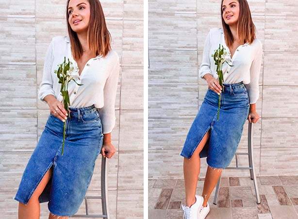 Looks com saia jeans midi e tênis branco