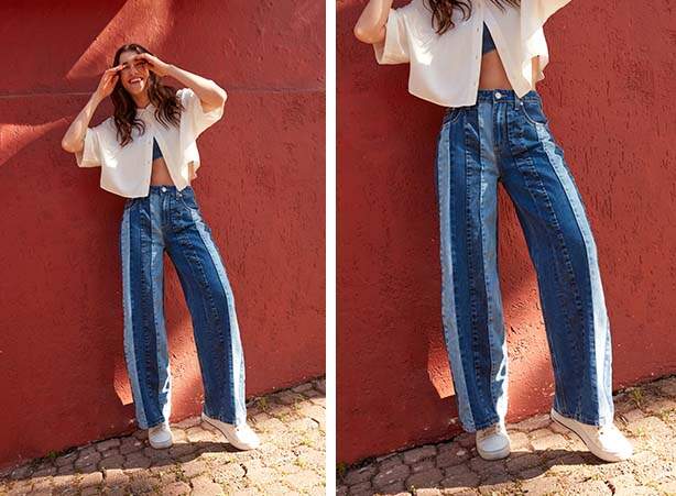 Look de casaco com top curto jeans com pantalona jeans