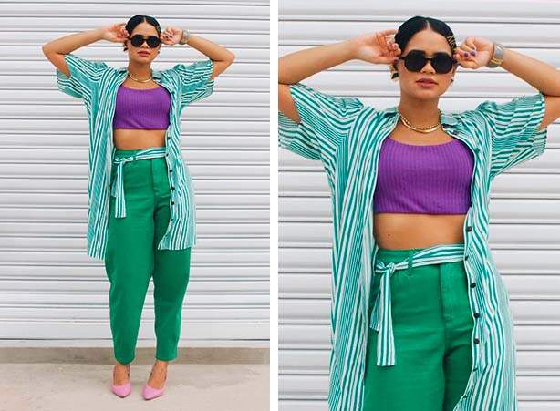 Look feminino com roxo e verde