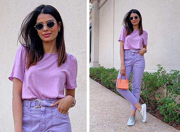 Look feminino roxo com acessório laranja