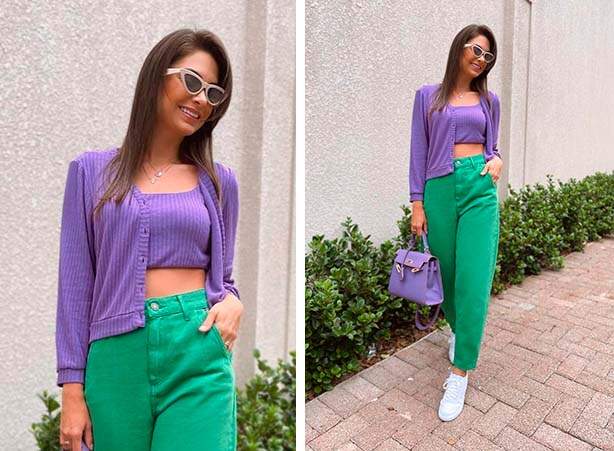 Look roxo e verde com blusa cropped e casaco com calça verde