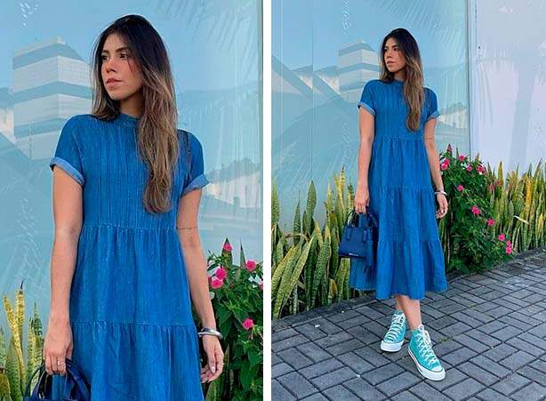 Vestido midi jeans soltinho no modelo breezy