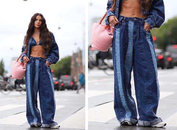 Calça com recortes em diferentes lavagens de jeans e top tipo biquíni