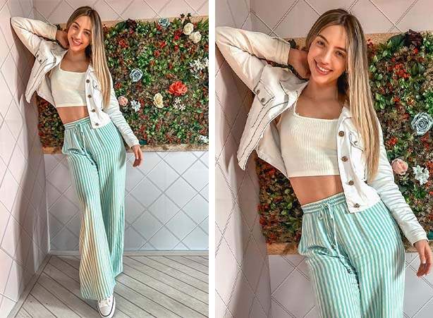 Calça em tom de verde com jaqueta e cropped básico