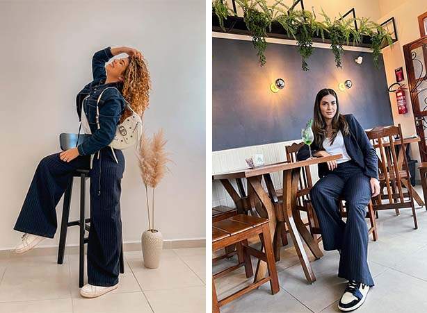 Look feminino em tonalidade mais escura com pantalona e tênis