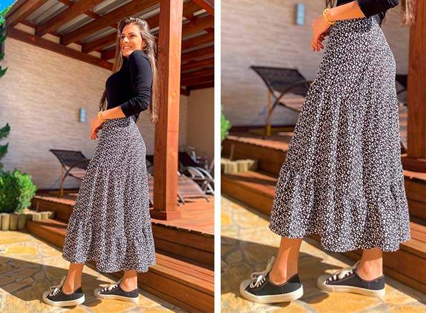 Look de saia midi com tênis preto