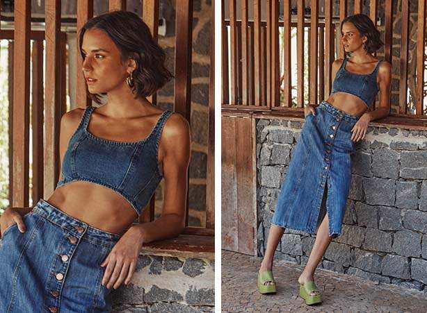 Look moderno com top cropped e saia jeans midi