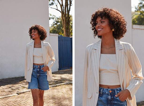 Look com bermuda feminina jeans com blazer listrado