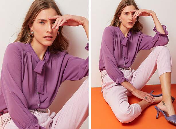 Looks em roxo com calça e camisa