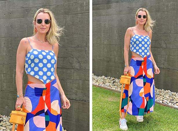 Look feminino com estampa abstrata colorida com o poá