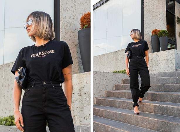 Look all black feminino com calça e camiseta