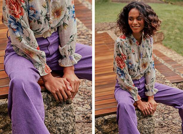 Look roxo com calça e camisa floral