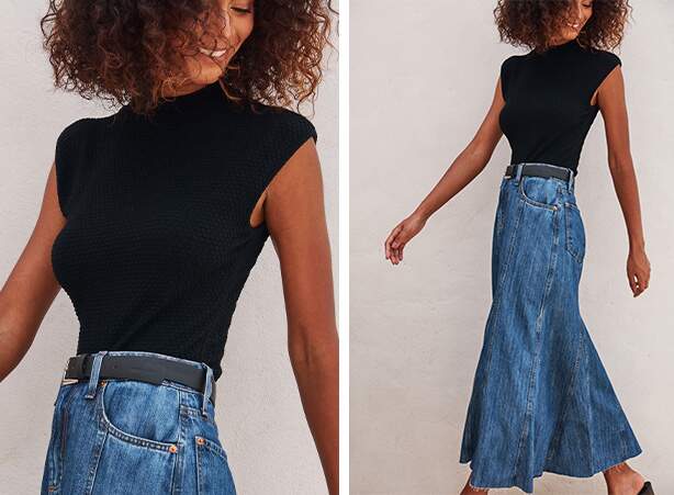 Produção básica com blusa preta sem mangas e saia jeans longa