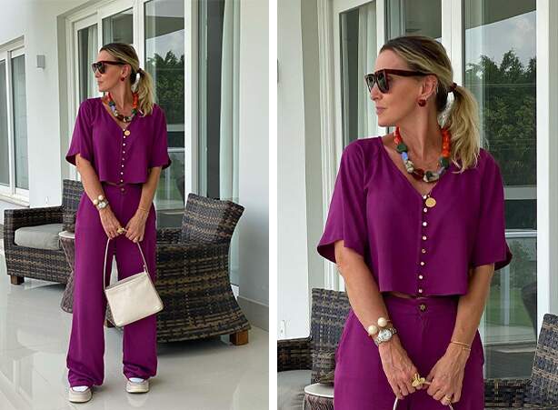 Conjunto feminino monocromático em roxo