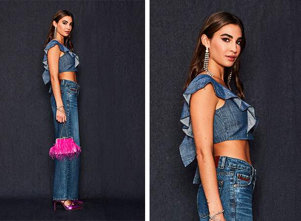 Look all denim com cropped de babados e calça jeans