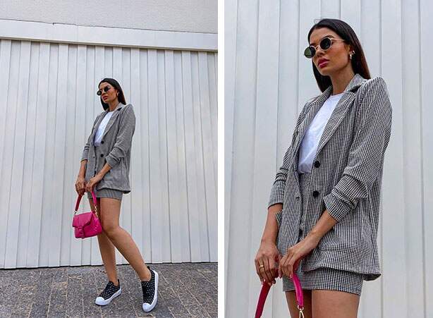 Looks femininos com casaco e a saia de gravataria