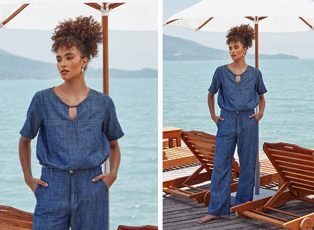 Look feminino monocromático em denim leve