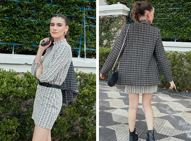 Look de frio com tecido jacquard com aspecto de tweed