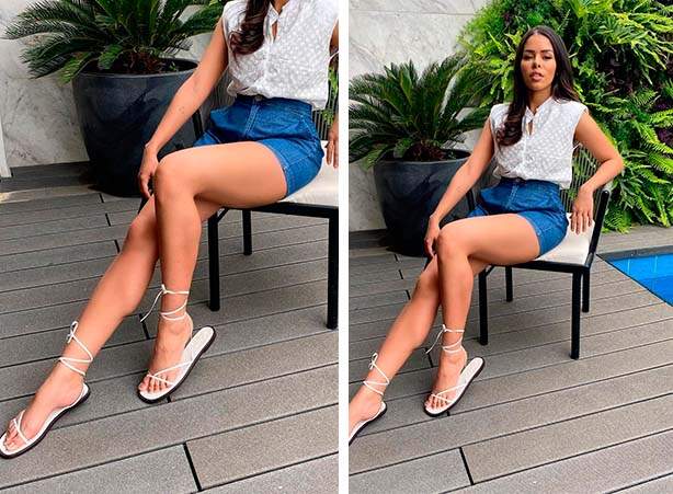 Look com short jeans e rasteirinha branca