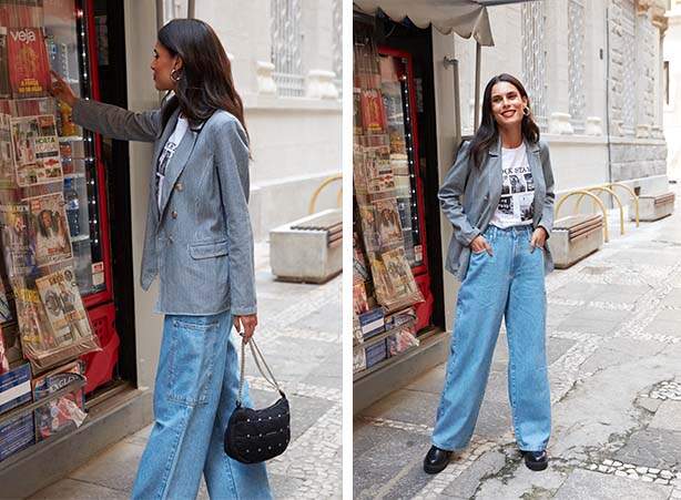 Combinação de camiseta estampada com calça jeans