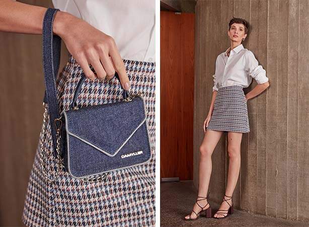 Saia xadrez Pied de Poule com camisa branca e bolsa jeans