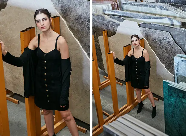 Composição de vestido com bota de salto e cardigan