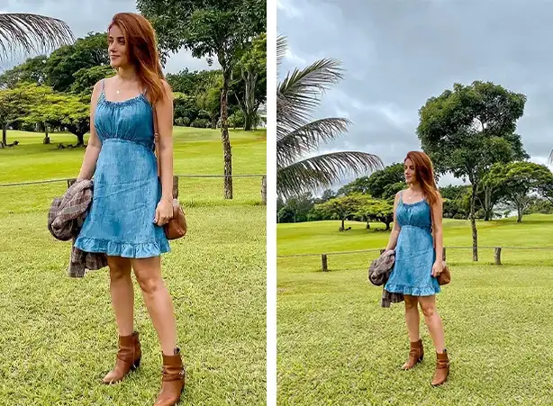Vestido curto com babados na barra e bota caramelo cano curto Vestido curto com babados na barra e bota caramelo cano curto