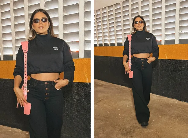 Moletom cropped de gola alta e a calça wide leg com estilo Street style