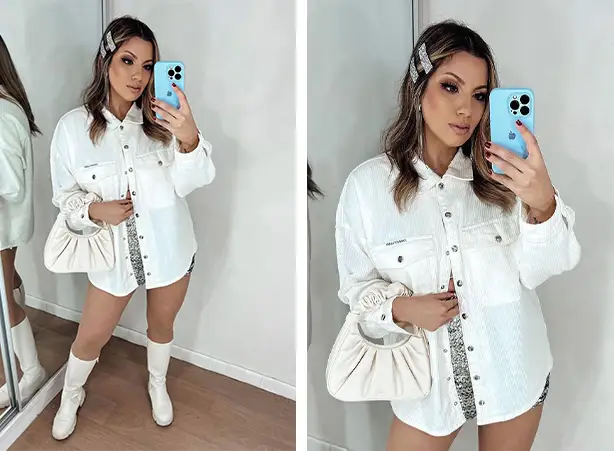 Look com saia mini de paetê e camisa off white oversized