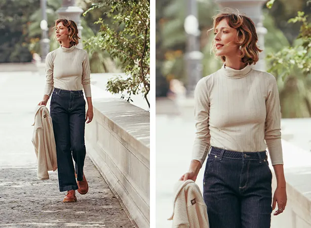 Duo feminino de turtleneck canelada off white e calça em denim para o dia dos namorados