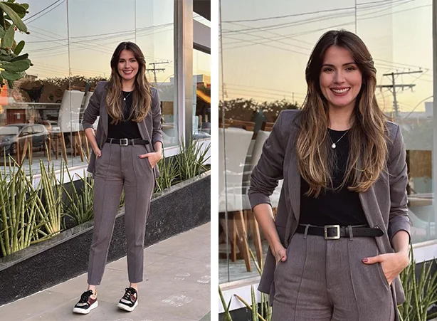 Look moderno com conjunto de alfaiataria e tênis