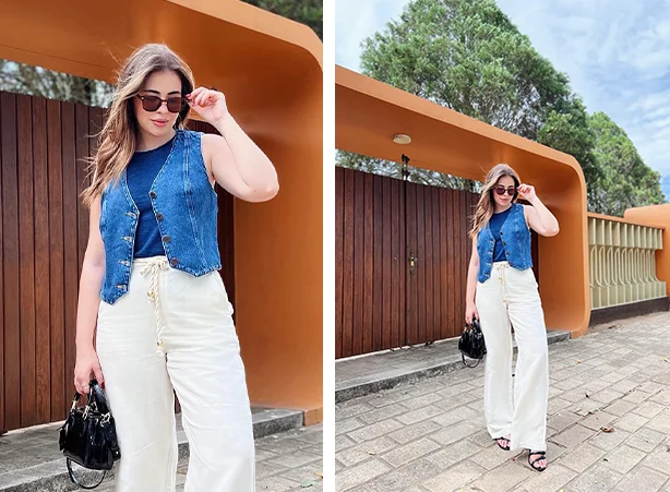 Looks com colete jeans e calça pantalona branca