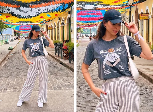 Look comfy com t-shirt estampada e calça listrada