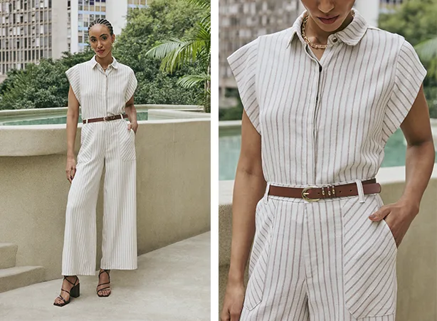 Conjunto feminino com blusa e calça de alfaiataria e cinto marrom Conjunto feminino com blusa e calça de alfaiataria e cinto marrom