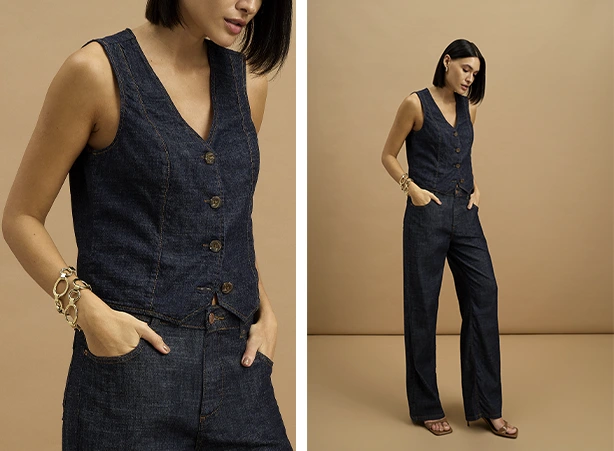 Conjunto feminino de colete jeans com calça jeans de alfaiataria Conjunto feminino de colete jeans com calça jeans de alfaiataria