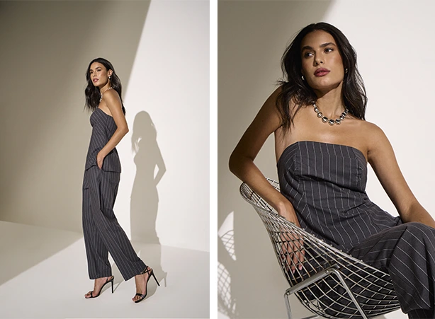 Conjunto em risca de giz com blusa estilo corset e calça de alfaiataria Conjunto em risca de giz com blusa estilo corset e calça de alfaiataria