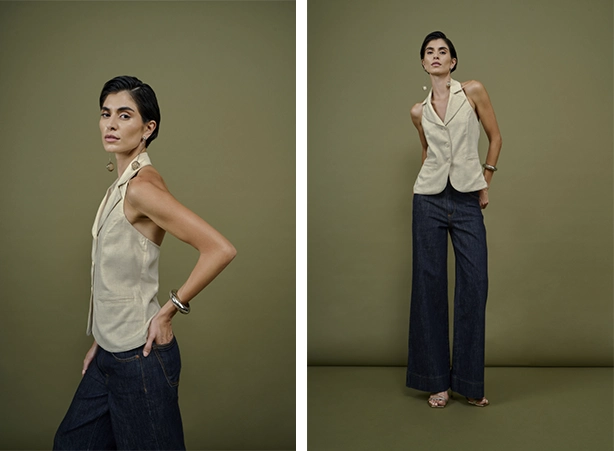 Look com colete off white com calça jeans escura Look com colete off white com calça jeans escura