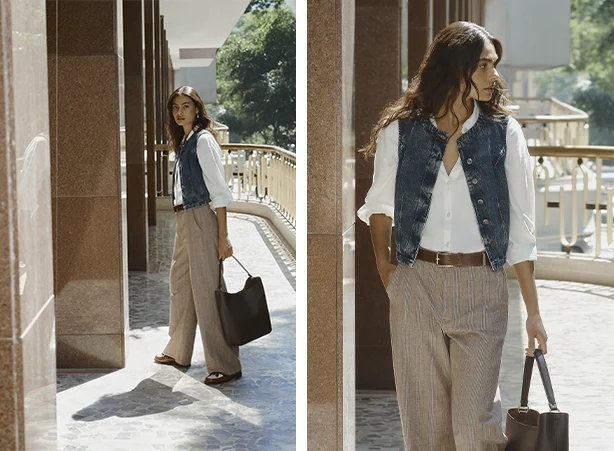Look com calça alfaiataria com padronagem xadrez, camisa social feminina branca e colete jeans Look com calça alfaiataria com padronagem xadrez, camisa social feminina branca e colete jeans