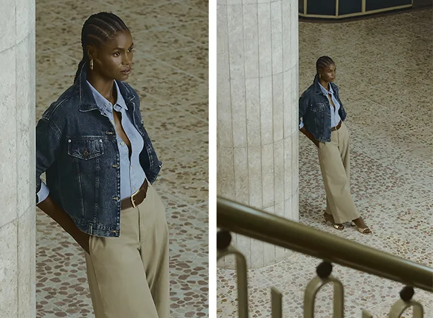 Look com calça de alfaiataria bege com camisa social e jaqueta jeans Look com calça de alfaiataria bege com camisa social e jaqueta jeans