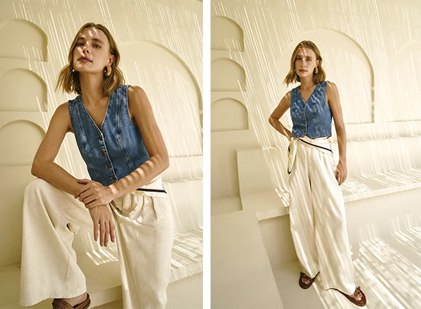Look com colete jeans e calça pantalona de alfaiataria Look com colete jeans e calça pantalona de alfaiataria